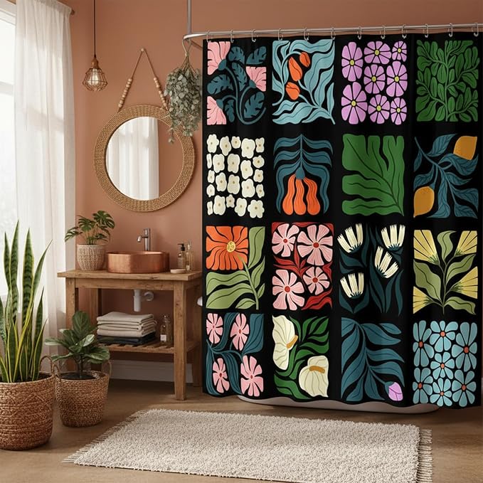 JAWO Retro Shower Curtain Vintage Abstract Boho Floral Shower Curtains for Bathroom Decor Black Blue Botanical Geometric Groovy Aesthetic Pattern Shower Curtain Sets with Hooks, 90X70IN