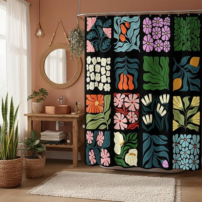 JAWO Retro Shower Curtain Vintage Abstract Boho Floral Shower Curtains for Bathroom Decor Black Blue Botanical Geometric Groovy Aesthetic Pattern Shower Curtain Sets with Hooks, 90X70IN