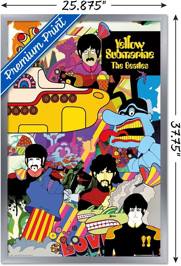 Trends International 24X36 The Beatles - Submarine Collage Wall Poster, 24" x 36", Silver Framed Version