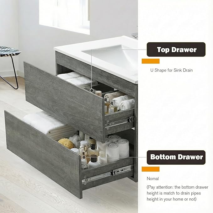 24 Inch Floating Bathroom Vanity with Sink, Modern Wall Mounted Small Bathroom Vanity, 2 Drawer Bathroom Sink Cabinet with Ceramic Sink, Soft Close Slides, Grey