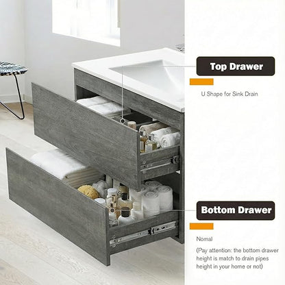 24 Inch Floating Bathroom Vanity with Sink, Modern Wall Mounted Small Bathroom Vanity, 2 Drawer Bathroom Sink Cabinet with Ceramic Sink, Soft Close Slides, Grey