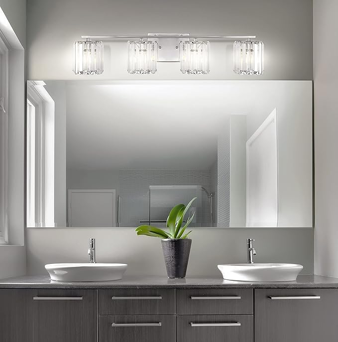 JONATHAN Y 4.75" Chrome 4-Light Vintage Glam LED Vanity Light Wall Sconce Fixture with Clear Crystal Prism Shade, Hardwired Wall Lamp for Bathroom Mirror Hallway, LED Bulb Included (JYL3555A)