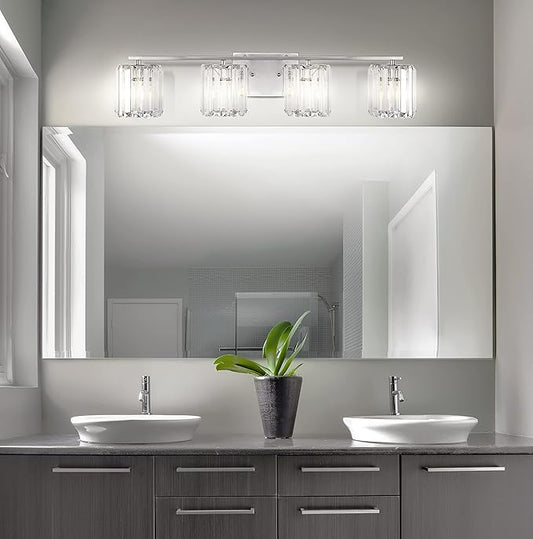 JONATHAN Y 4.75" Chrome 4-Light Vintage Glam LED Vanity Light Wall Sconce Fixture with Clear Crystal Prism Shade, Hardwired Wall Lamp for Bathroom Mirror Hallway, LED Bulb Included (JYL3555A)