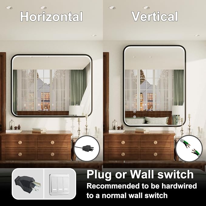 40"x30" Black LED Bathroom Mirror with Lights, 3000K/4500K/6000K | Stepless Dimmable, Anti-Fog, Memory Function, Aluminum Frame Wall Mount Lighted Vanity Mirror, ETL Listed, IP54 Waterproof