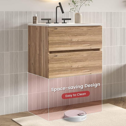 24" Floating Bathroom Vanity with Sink, Modern Wall Mounted Floating Vanity with Ceramic Sink, Double Soft-Close Drawers for Small Space, Apartment, Rough Oak
