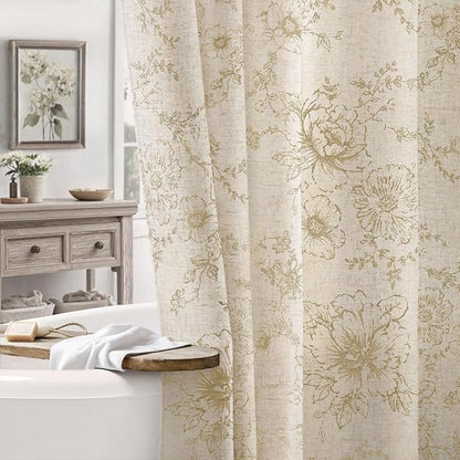 Farmhouse Floral Linen Shower Curtain, Vintage Beige Pattern Rustic Shower Curtains for Bathroom, Tan Taupe,72x90