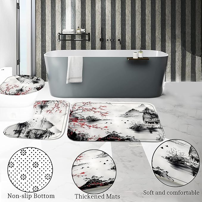 4-Piece Cherry Blossoms Shower Curtain Set Mountain Bathroom Set with Shower Curtain and Rugs, Japanese Style Bath Curtain with Hooks for Home Decor