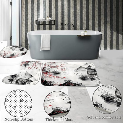 4-Piece Cherry Blossoms Shower Curtain Set Mountain Bathroom Set with Shower Curtain and Rugs, Japanese Style Bath Curtain with Hooks for Home Decor