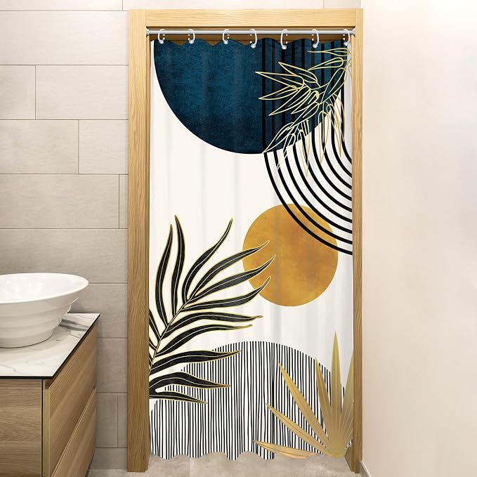 Stall Small Mid Century Blue Boho Abstract Bathroom Shower Curtain Set | 36Wx72L Plant design, waterproof HD print with fast-drying fabric and 12 hooks.
