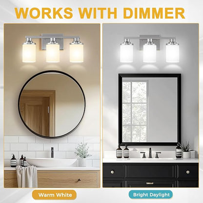L LOHAS LED 3-Light Bathroom Vanity Light, Brushed Nickel | Milky White Frosted Glass Shades; Wall Sconce Over Mirror for Bedrooms; ETL Listed