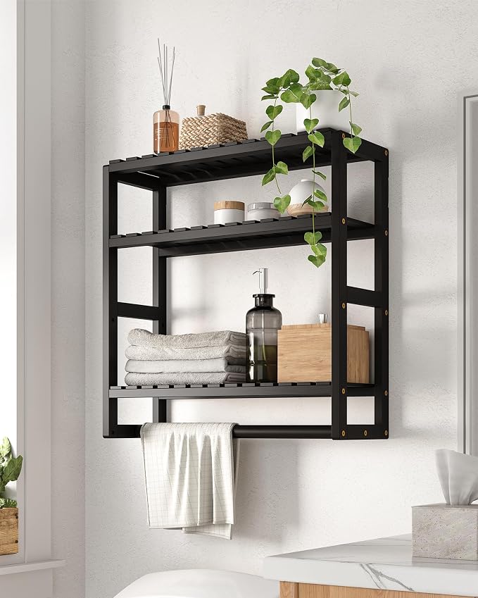 Galood Over The Toilet Storage Bathroom Shelves Wall Mounted 3 Tier Black | Space Saver Corner Shelf Organizer Bamboo Towel Rack Toilet Paper Cabinet with Hanging Rod