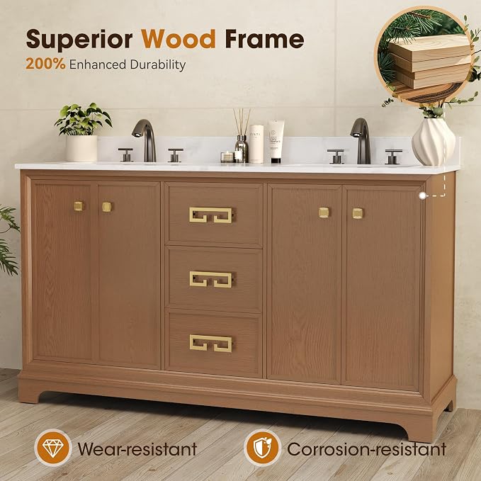 60 Inch Double Sink Bathroom Vanity, Light Walnut | Fully Assembled Bathroom Sink Cabinet, Marble Countertop & Backsplash, Soft Closing 4 Doors & 3 Drawers, Adjustable Shelves