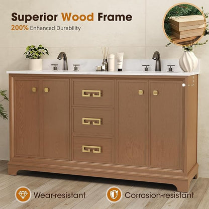 60 Inch Double Sink Bathroom Vanity, Light Walnut | Fully Assembled Bathroom Sink Cabinet, Marble Countertop & Backsplash, Soft Closing 4 Doors & 3 Drawers, Adjustable Shelves