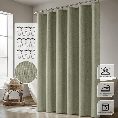 ANRODUO Olive Green Extra Long Linen Fabric Shower Curtain Set - W72xL108 | Farmhouse Shower Curtain with 12 Metal Hooks, Waterproof Heavy Duty, Button Hole Design, Machine Washable for Bathroom