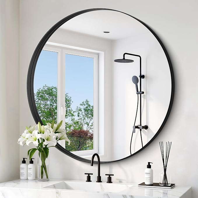 Black Round Mirror 32 inch Deep Frame Circle Mirror, Metal Framed Bathroom Mirror, Round Vanity Mirror, Circle Mirrors for Wall Entryway Bedroom Living Room Hallway