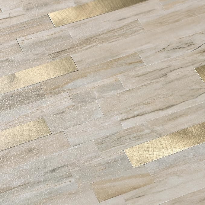Yipscazo 10 Sheets Peel and Stick Stone Metal Tile Backsplash, Stick on Tiles for Backsplash Kitchen, Bathroom, Laundry Room, Camper, Fireplace (12'' X 12'', Beige Stone with Gold)