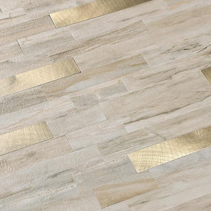 Yipscazo 10 Sheets Peel and Stick Stone Metal Tile Backsplash, Stick on Tiles for Backsplash Kitchen, Bathroom, Laundry Room, Camper, Fireplace (12'' X 12'', Beige Stone with Gold)