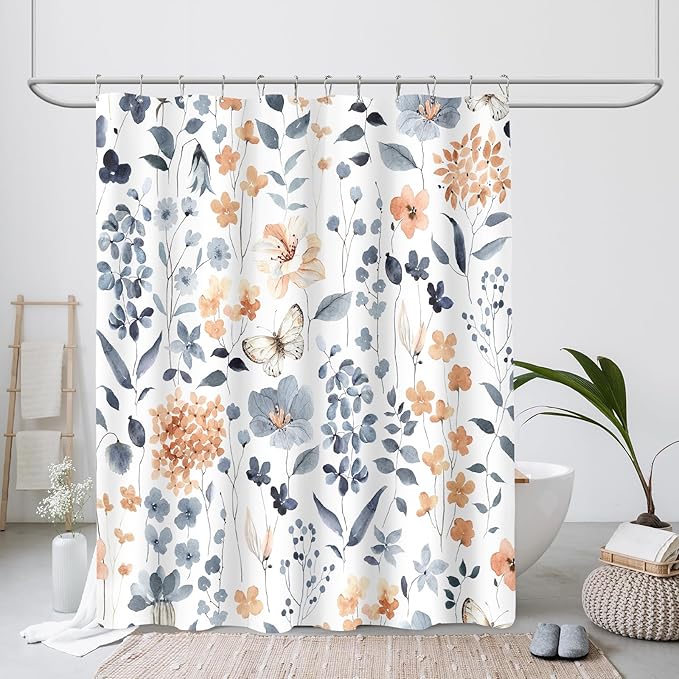 Small Stall Shower Curtain 36 x 72 Inch, Half Narrow Blue Floral Shower Curtains for Bathroom, Watercolor Flower Butterfly Fabric Shower Curtain Set with Hooks