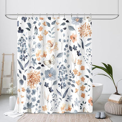 Extra Long Shower Curtain 72 x 96 Inch, Floor to Ceiling X-Long Blue Floral Shower Curtains, Watercolor Flower Butterfly Fabric Shower Curtain Set with Hooks