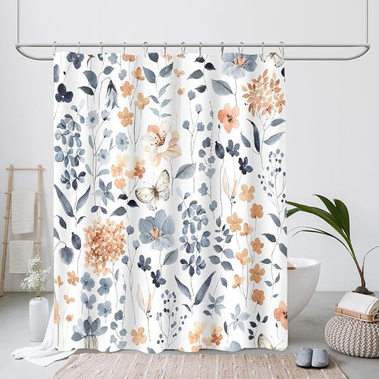 Blue Floral Shower Curtain, Cute Flower Fabric Shower Curtains for Bathroom, Watercolor Wildflower Butterfly Cloth Shower Curtain Set with Hooks, 72x72