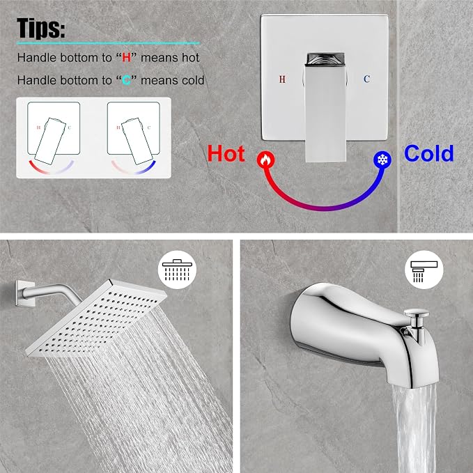 Heyalan 8-Inch Shower Faucet Set with Tub Spout and Valve, Polished Chrome | 8-inch square rainfall head, tub spout with diverter, male-thread rough-in valve, single-handle control and wall-mount design