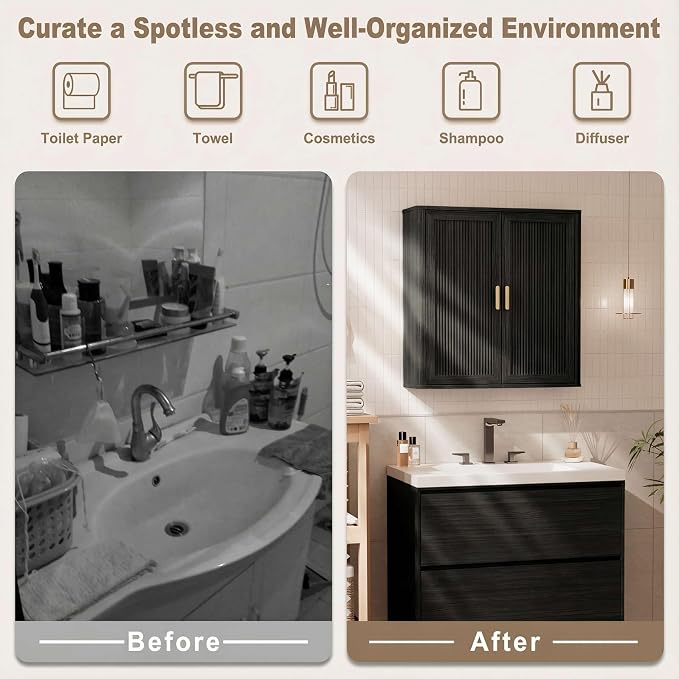 INNOD Bathroom Storage Cabinet, Over The Toilet Storage Cabinet, Medicine Cabinet with Adjustable Wood Shelf & Doors for Laundry Room & Kitchen & Living Room(Black)