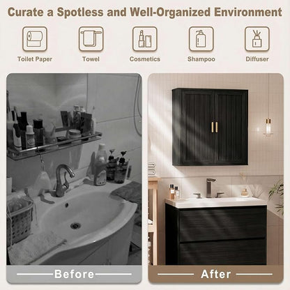 INNOD Bathroom Storage Cabinet, Over The Toilet Storage Cabinet, Medicine Cabinet with Adjustable Wood Shelf & Doors for Laundry Room & Kitchen & Living Room(Black)