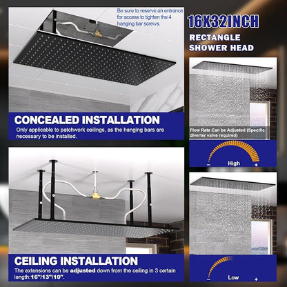 Luxury Large Ceiling Rectangle Rainfall Shower Head, 16x32inch High Pressure Rain Showerhead with Silicone Nozzles Full Body Fixed Showerheads For Modern Bathroom, Black Finish