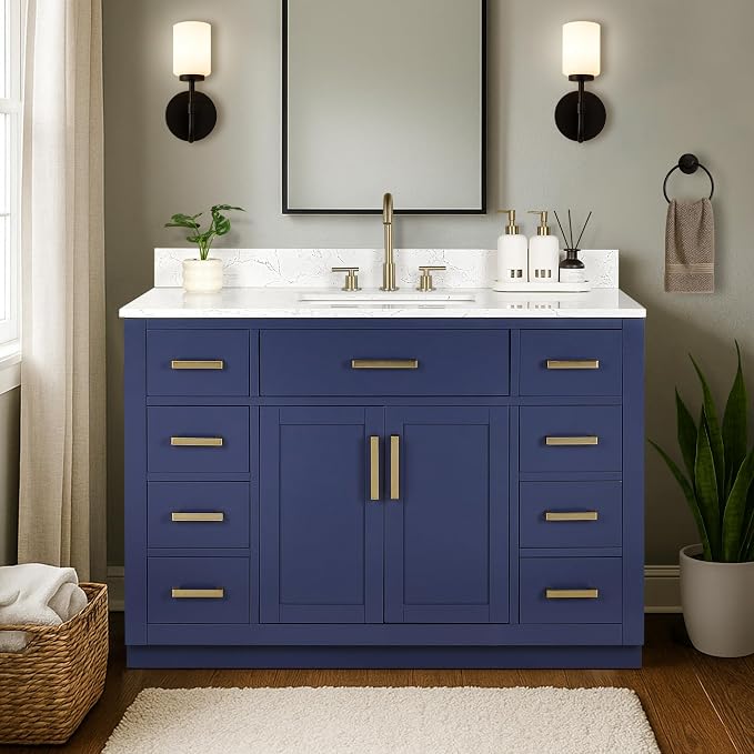 48-inch Bathroom Vanity with Sink, Solid Wood, 0.79-inch Stone Countertop and Backsplash, 9 Drawers, 2 Soft Closing Doors -Royal Blue