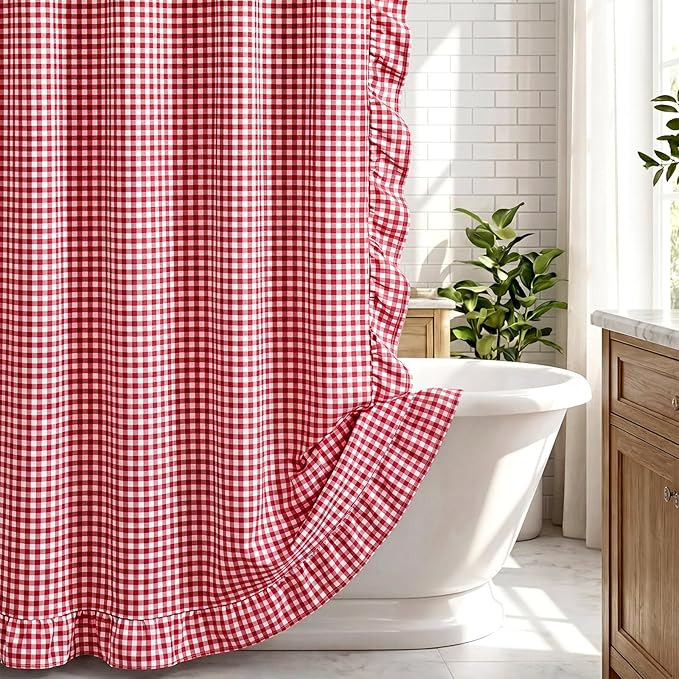 HunnmingRe Ruffled Gingham Shower Curtain Red | 72'' x 72'' Vintage Farmhouse Curtain, Cotton Cottage Core Rural Checkered Plaid Decor, Fall Shower Curtain for Bathroom