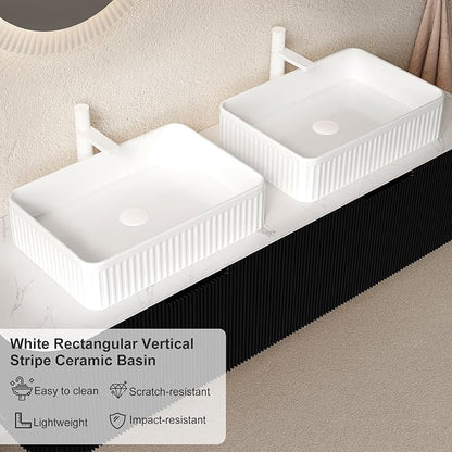 60" Floating Bathroom Vanity with Double Sink, Modern Bathroom Vanities with Marble Countertop and White Rectangular Ceramic Sink, Soft-Close Design, Natural Solid Wood Cabinet, Pre-Assembled, Black
