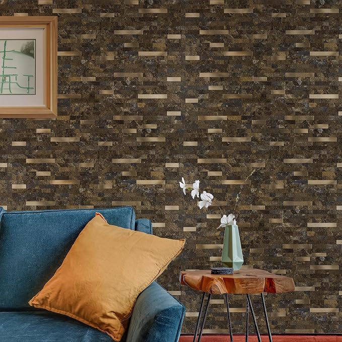 StyloVue 20 Sheets Peel and Stick Backsplash for Kitchen, Rust Slate with Metal Gold Look Stick on Tile Upgrade Your Kitchen Backsplash, RV, Fireplace