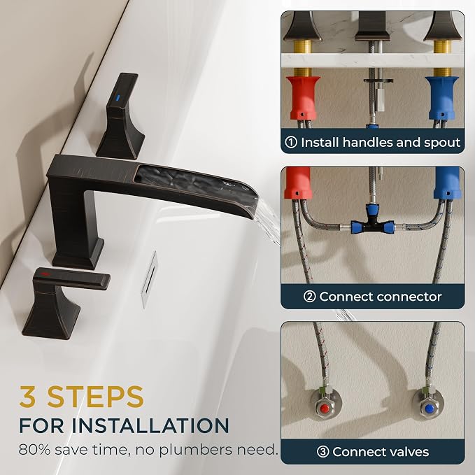 FORIOUS Roman Bathtub Faucet 3 Hole Deck Mount with 2 Handle Bronze | Tub Faucet for 3-Hole Set, 6-12" Centered Distance, Widespread Garden Bath Tub, Waterfall Spout, High Flow, Brass