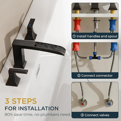 FORIOUS Roman Bathtub Faucet 3 Hole Deck Mount with 2 Handle Bronze | Tub Faucet for 3-Hole Set, 6-12" Centered Distance, Widespread Garden Bath Tub, Waterfall Spout, High Flow, Brass