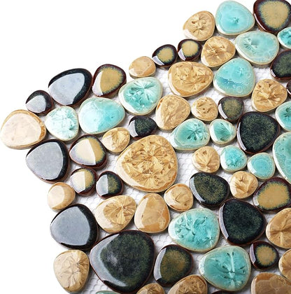 Pebble Porcelain Tile Fambe Turquoise Green Beige Shower Floor Pool Alley Tiles Mosaic TSTGPT005 (5 Square Feet)
