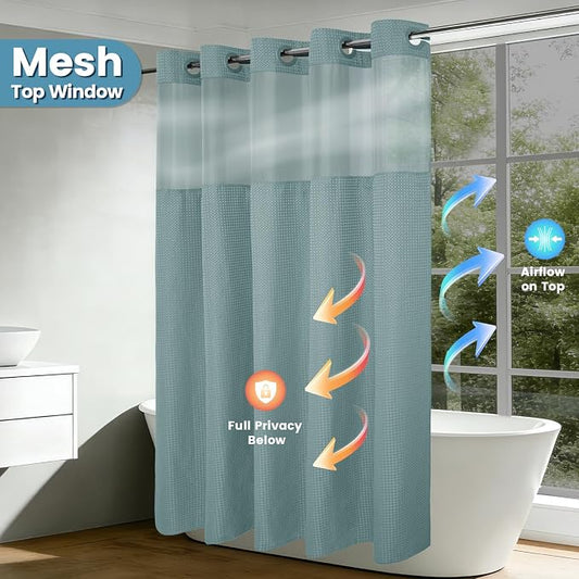 EUTXL Heavyweight No Hook Shower Curtain with Liner, Fog Blue, 54x80 | Snap in Liner, Thick Waffle Fabric, Hotel Quality, Corner Magnets, Waterproof & Washable