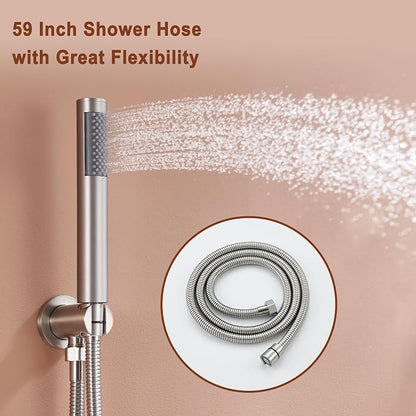 MONDAWE 12 Inch Ceiling Mounted Shower System in Brushed Nickel, 3-Function Shower Faucet Set with Rainfall Dual Shower Head and High Pressure Handheld Spray, All Function Can be Used At the Same Time
