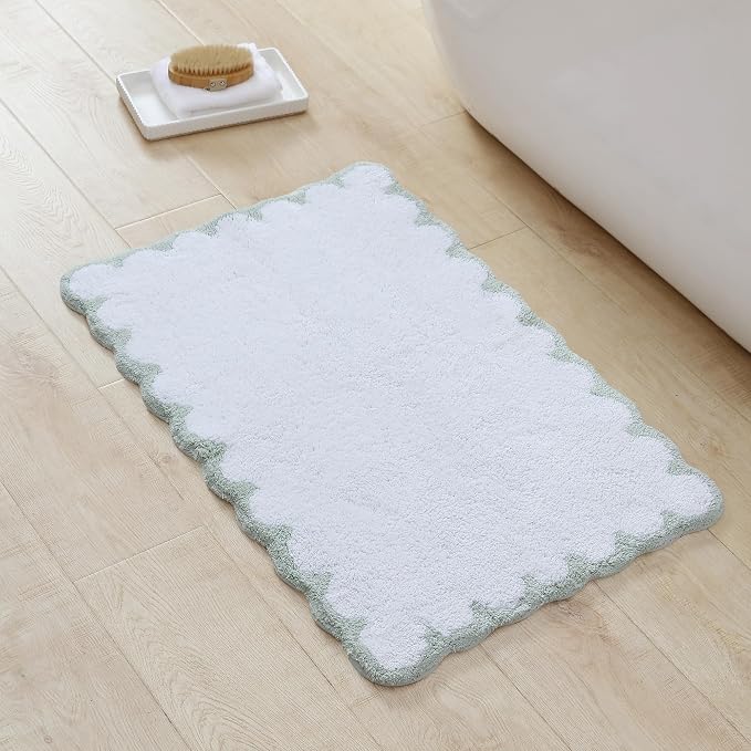 Peri Home Scalloped Bath Rug - Soft & Absorbent 100% Cotton Tufted Bath Mat, 20" x 30", White with Sage Scallop | Soft & Absorbent, Cotton Tufted, Mat, Scallop