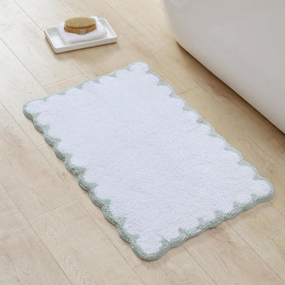 Peri Home Scalloped Bath Rug - Soft & Absorbent 100% Cotton Tufted Bath Mat, 20" x 30", White with Sage Scallop | Soft & Absorbent, Cotton Tufted, Mat, Scallop