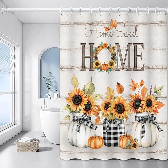 Tijuboni Fall Sunflower Pumpkin Shower Curtain, Farmhouse Home Sweet Home Bathroom Decor, Rustic Maple Leaf Waterproof Fabric Curtain for Harvest Thanksgiving Gifts 60x72 Inch