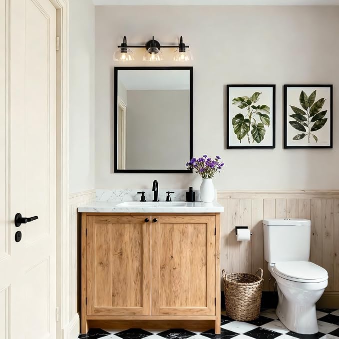 KSANA Black Bathroom Light Fixtures, Modern Farmhouse Vanity Lights Over Mirror 3-Light Bathroom Wall Mounted Sconce with Dome Glass Shade