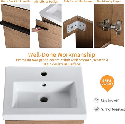 18 Inch Bathroom Vanity with Sink,Wall Mounted Bathroom Vanity Sink Combo with 1 Soft Close Door for Small Space,Modern Floating Bathroom Vanities with Top Basin&Brown Storage Cabinet
