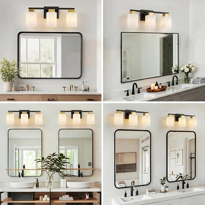 3-Light Square Bathroom Light Fixture, Black and Gold Modern Vanity Light with White Marble Glass Shade, for Bathroom Mirror, Living Room, Bedroom, Hallway, E26 Base