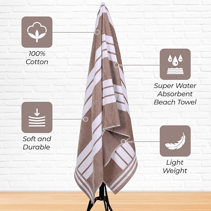 Superior Oversized Cotton Beach Towel Set of 4, Absorbent Towels for Bathroom, Beach, Pool, Swim, Adults, Kids, Vacation, Travel, Bath Sheet, Quick Dry Basics, Trip Essentials, Striped Decor, Taupe