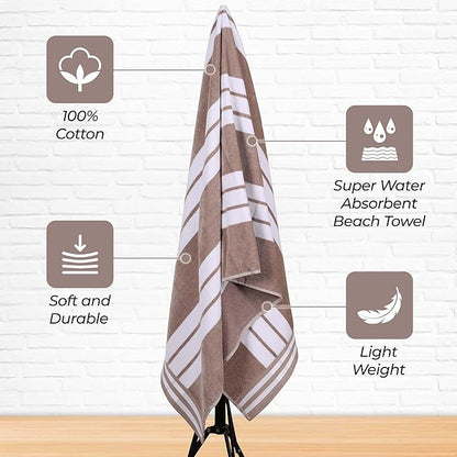 Superior Oversized Cotton Beach Towel Set of 4, Absorbent Towels for Bathroom, Beach, Pool, Swim, Adults, Kids, Vacation, Travel, Bath Sheet, Quick Dry Basics, Trip Essentials, Striped Decor, Taupe