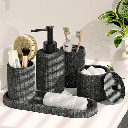 Clara Clark Bathroom Set - Coal Black Bathroom Accessories Set, 24PC Bathroom Accessory Set, Bathroom Sets with Shower Curtain Set, Adhesive Corner Shower Caddy Hanging & Soap Dispenser