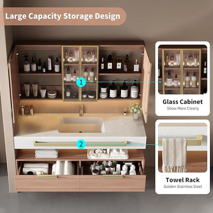 44-Inch Single Sink Vanity with Medicine Cabinet, Mirror Defogger, Wall Mounted Touch Dimming Floating Storage