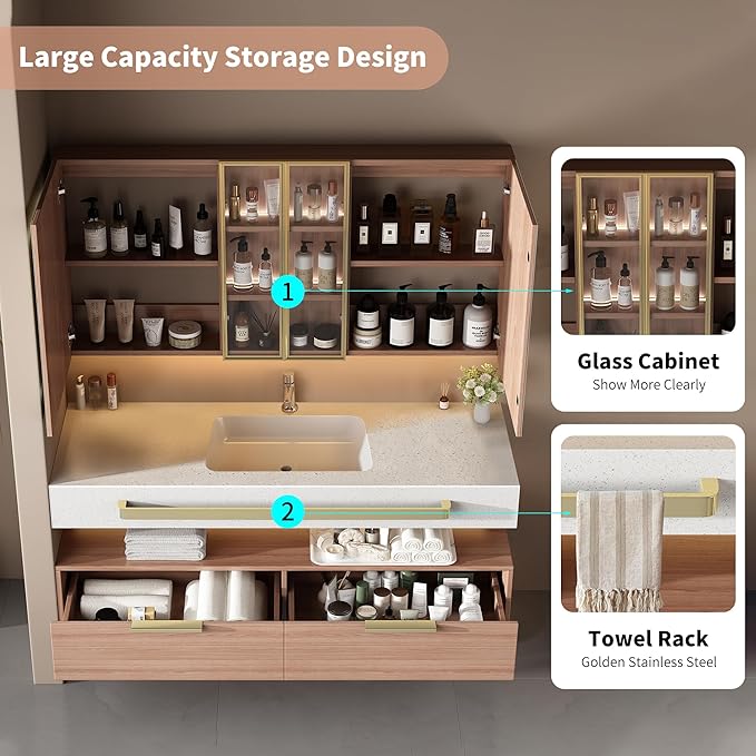 40-Inch Single Sink Vanity with Medicine Cabinet, Mirror Defogger, Wall Mounted Touch Dimming Floating Storage