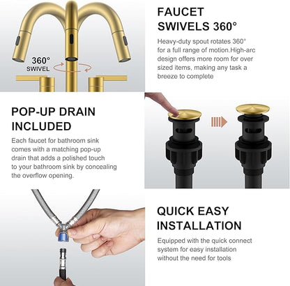 KENES Brushed Gold Pull Down Bathroom Faucet, 8 Inch 2 Handle Widespread Bathroom Faucet 3 Hole with Pull Out Sprayer, Bathroom Sink Faucet with Pop Up Drain & Supply Lines LJ-9068-4