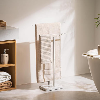 Bathroom Towel Rack Freestanding Floor Stand: Brushed 33in 2‑Bar Weighted Marble Base Towel Holder, Rustproof 304 Stainless Steel Drying Rack for Bath&Hand Towels, No‑Drill Slim Organizer, Spa Pool